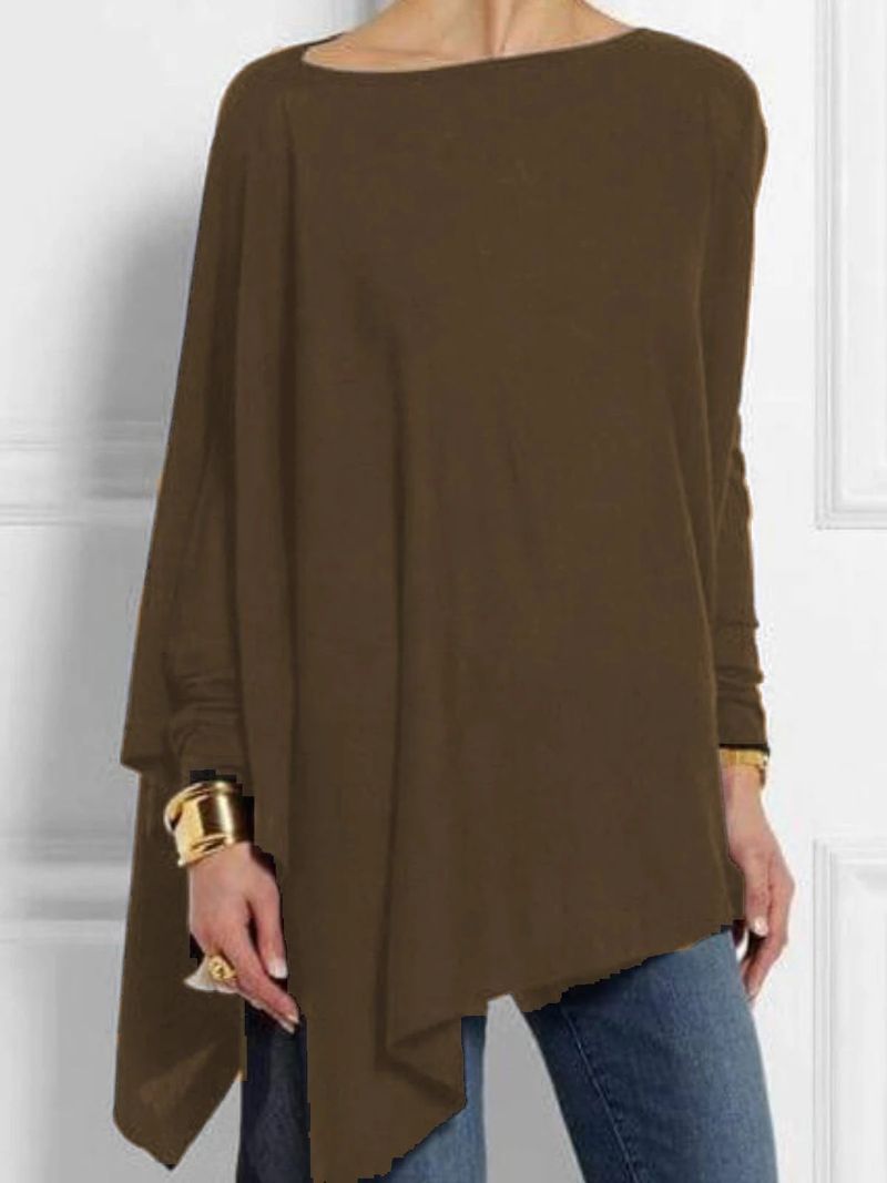 T-shirt pullover casual a maniche lunghe tinta unita irregolare da donna_voghion.com