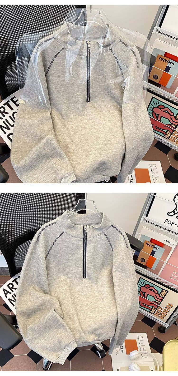 Herren-Rollkragenpullover mit halbem Reißverschluss – Cleanfit Heavyweight Pullover mit Kapuze (Gräulich/Marineblau, M-2XL)_voghion.com