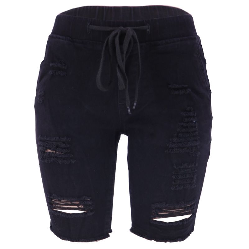 Jeans corti blu lavaggio medio elasticizzati a vita media strappati da donna_voghion.com
