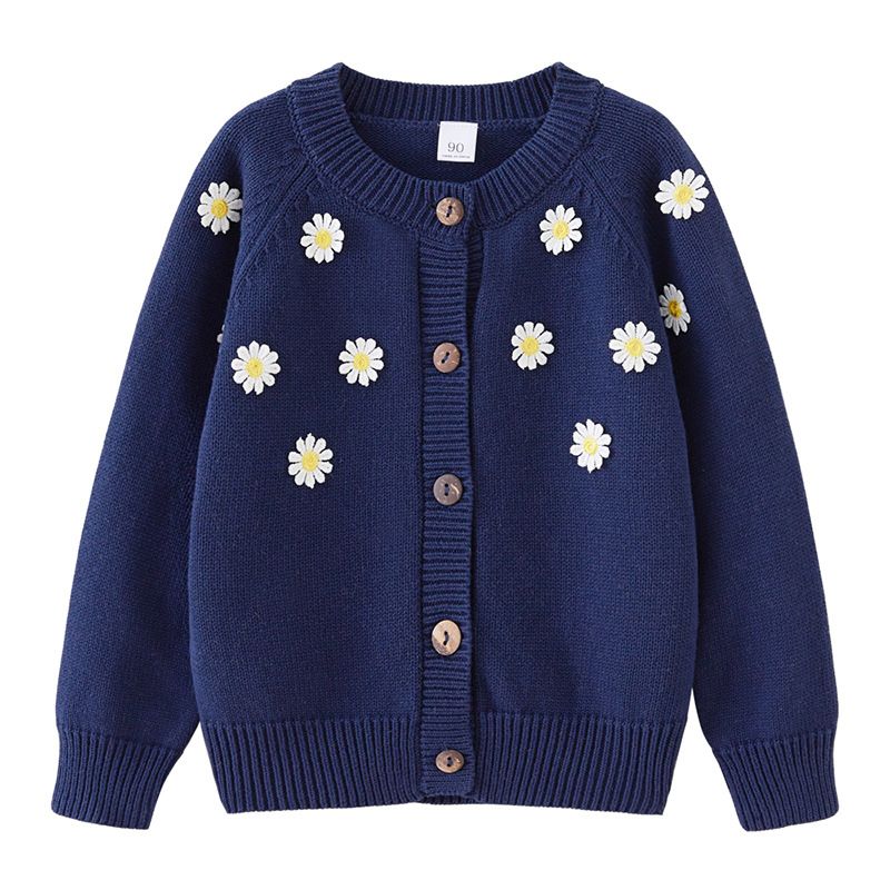 Mutter & Kinder – Handgefertigter bestickter Kinder-Cardigan aus weicher Baumwolle, Strickpullover für Mädchen (3–8 Jahre) – Rundhalsausschnitt, lange Ärmel, Blumenmuster_voghion.com