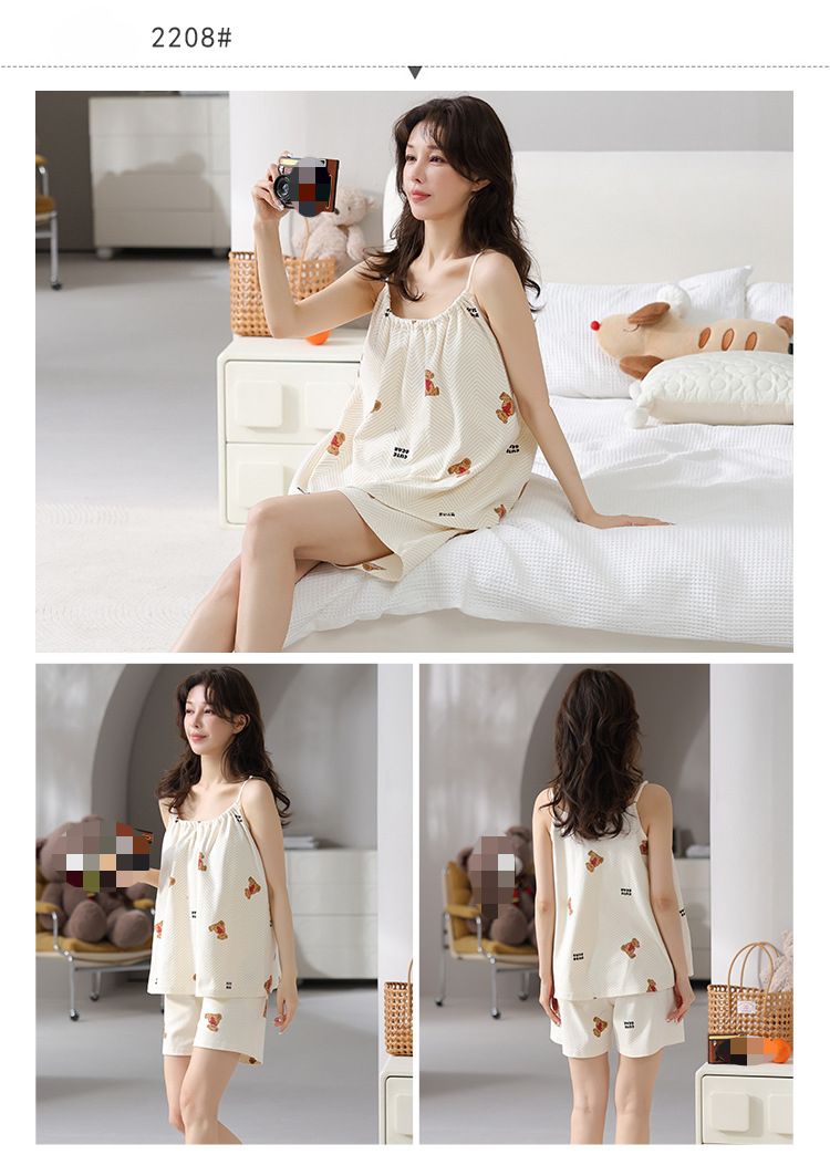 Lässiges Sommer-Pyjama-Set | Lockere Hosenträger für Damen, 100 % Baumwolle, Größe S – Frische Shorts mit Brustpolstern_voghion.com