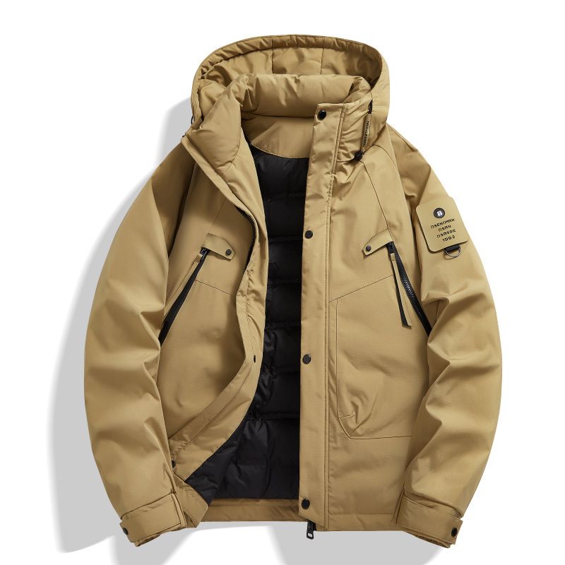 Giacca invernale da uomo in piumino tinta unita, calda, con cappuccio, casual, ampia, bianca, 2024_voghion.com