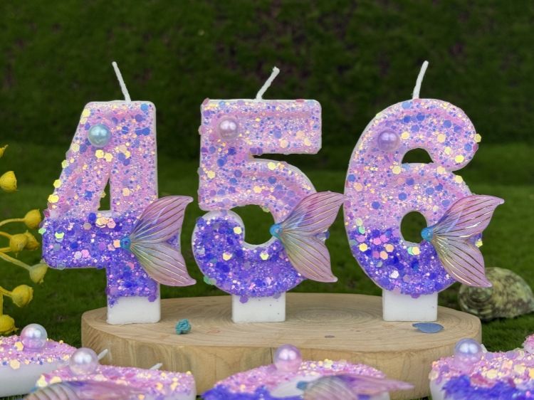 Pastel de cola de sirena rosa y morado, decoración para fiesta, primer cumpleaños, celebración, vela con número hecha a mano_voghion.com