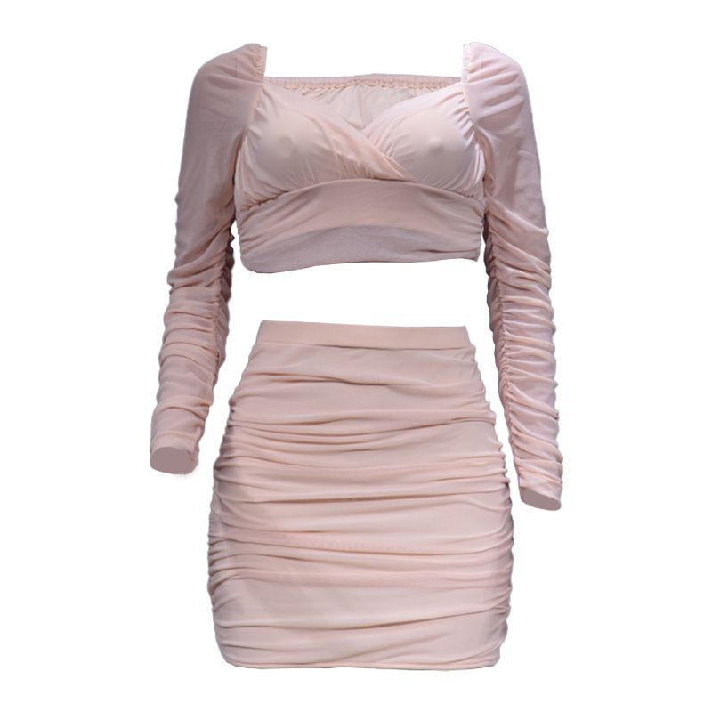 Abbigliamento da donna Casual Manica lunga Sexy Top Avvolto Anca Mezza gonna Set di tute da sci in due pezzi_voghion.com
