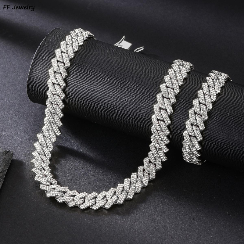 13MM Rhombus Prong Cuban Link Chain 2Row Iced Out Rhinestones Rapper Necklaces Bracelet For Men Women Choker Men Jewelry_voghion.com