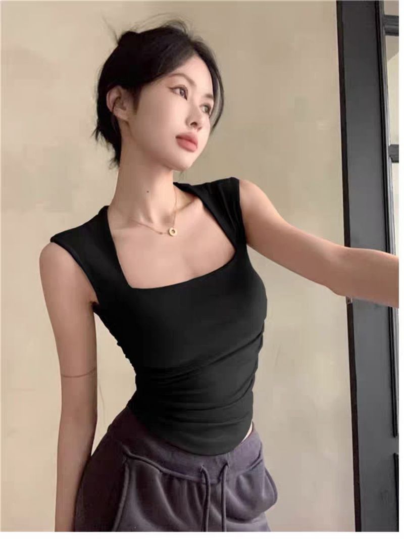 Abbigliamento da donna, nuovo gilet senza maniche, schiena sottile, spalle sottilissime, vestibilità attillata, scollo squadrato, versatile, con imbottitura per il petto, per donna_voghion.com