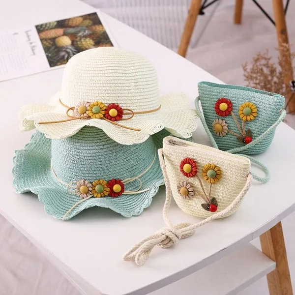 2Pcs Girls Sunflower Summer Wide Brim Hat Casual Toddler Baby Girls Straw Hat with Shoulder Bag Sun Beach Travel Sunshade Caps_voghion.com