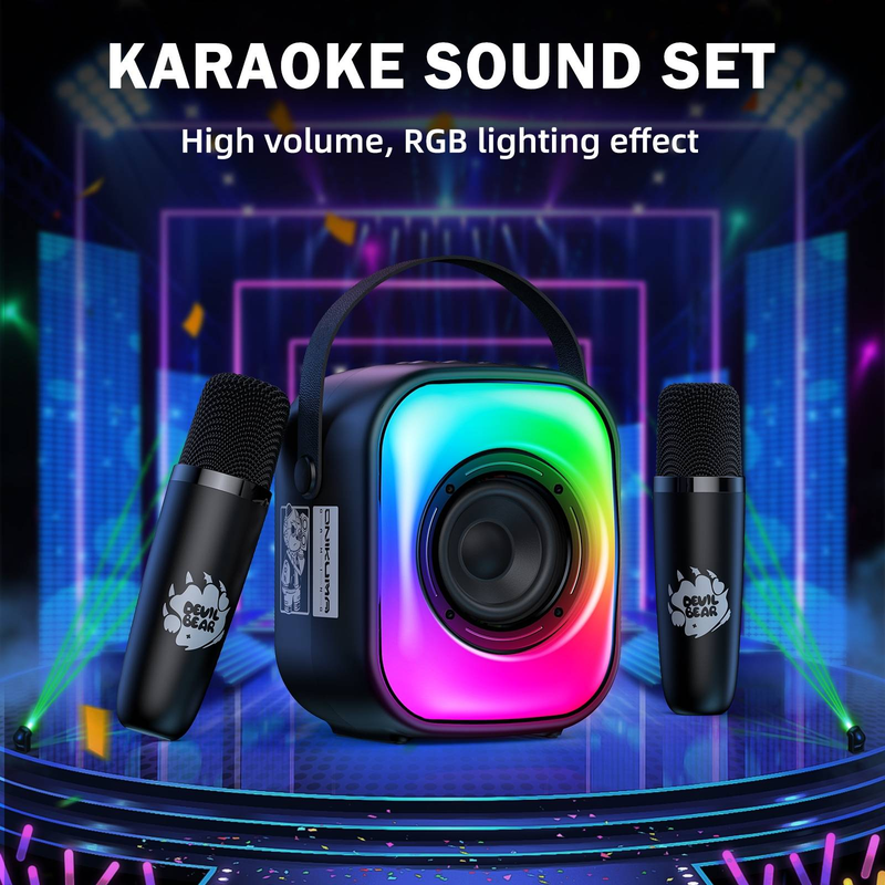 5W Karaoke Bluetooth-høyttaler med 2 mikrofoner (svart)_voghion.com