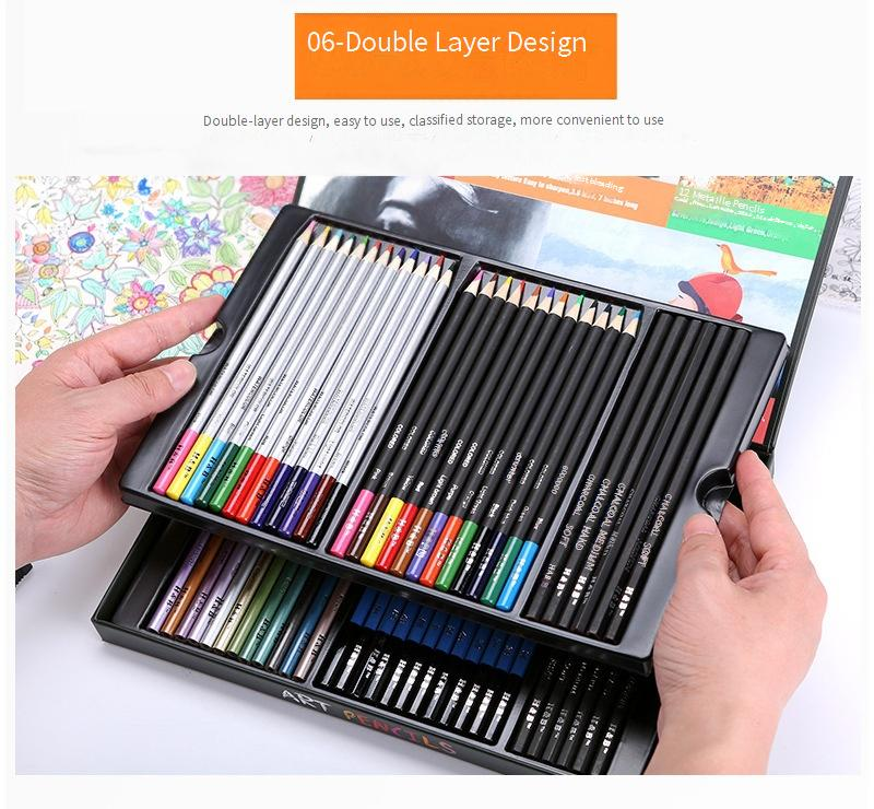 H&B 60-Piece Handmade Box Sketch & Watercolor Pencil Set For Adults – Includes Colored, Metallic, Sketch & Charcoal Pencils_voghion.com