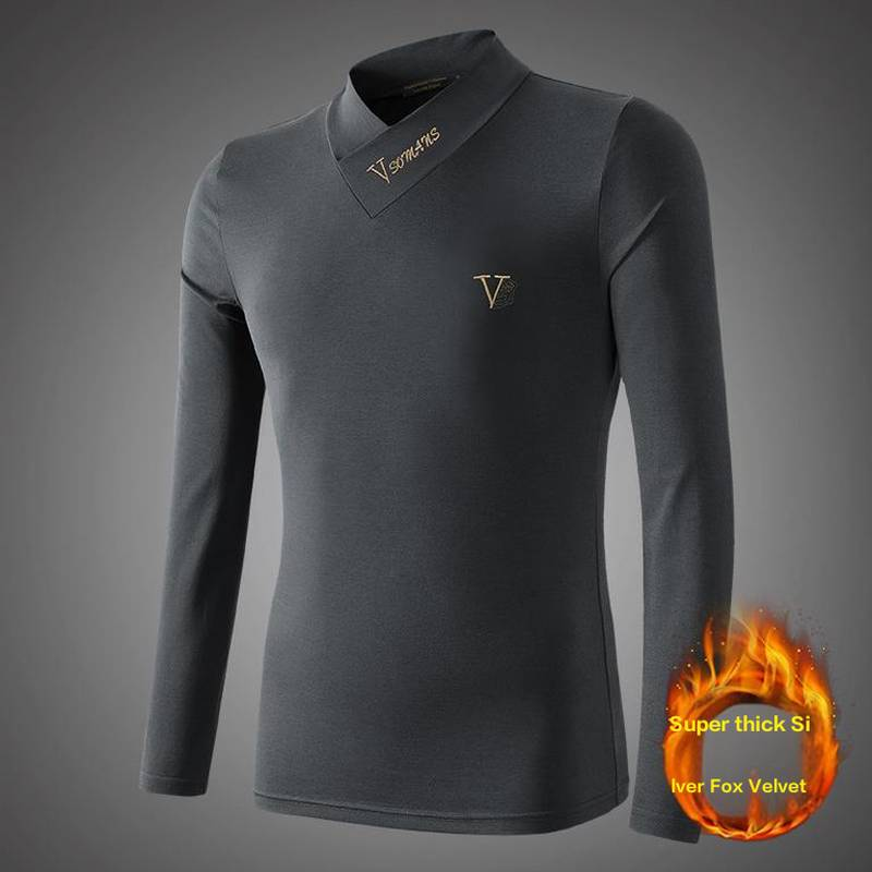 Men's Slim Fit Thermal Long Sleeve T-Shirt With Silver Fox Fleece Lining, V-Neck & Mid-Collar For Winter Warmth_voghion.com