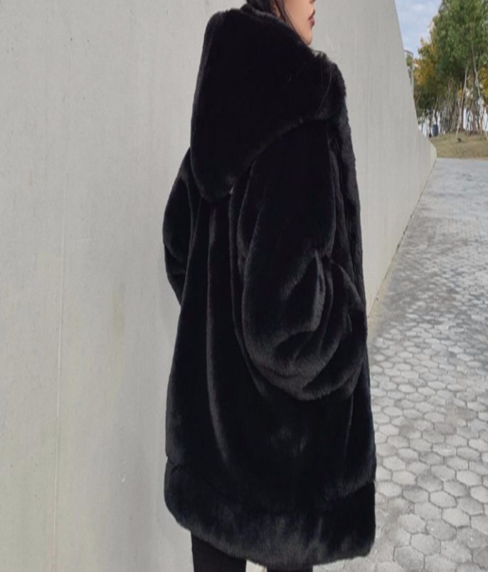 Women's Faux Rabbit Fur Coat Winter Hooded Longline Plush Teddy Jacket Oversized Casual Outerwear_voghion.com