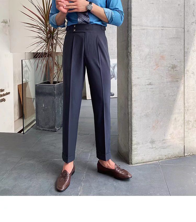 Herrenbekleidung Einfarbige Neun-Punkt-Hose mit hoher Taille Temperament Lässige Business-Hose mit italienischen Pariser Knöpfen Herrentrend_voghion.com