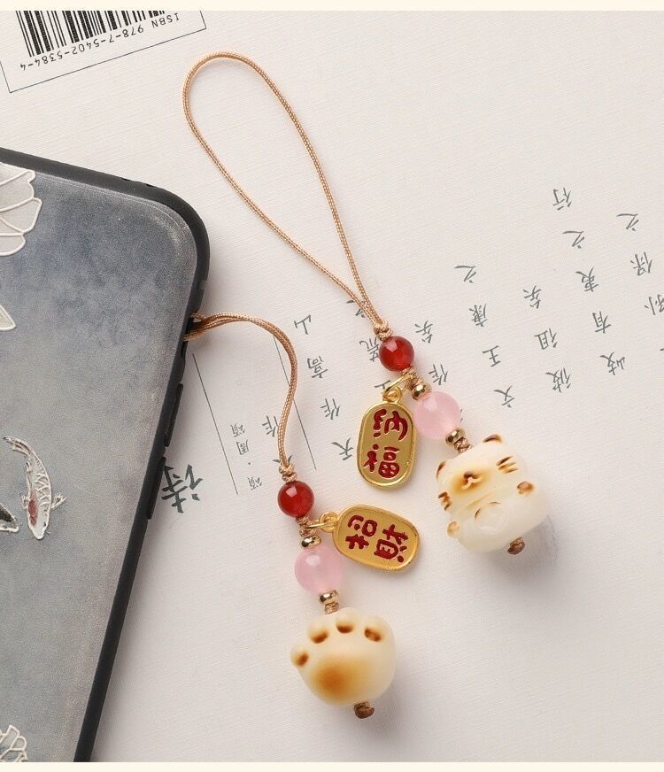 Bodhi Charcoal Burnt Paw Lucky Cat Phone Chain Exquisite Lanyard Pendant Cute Keychain Bag Accessory_voghion.com