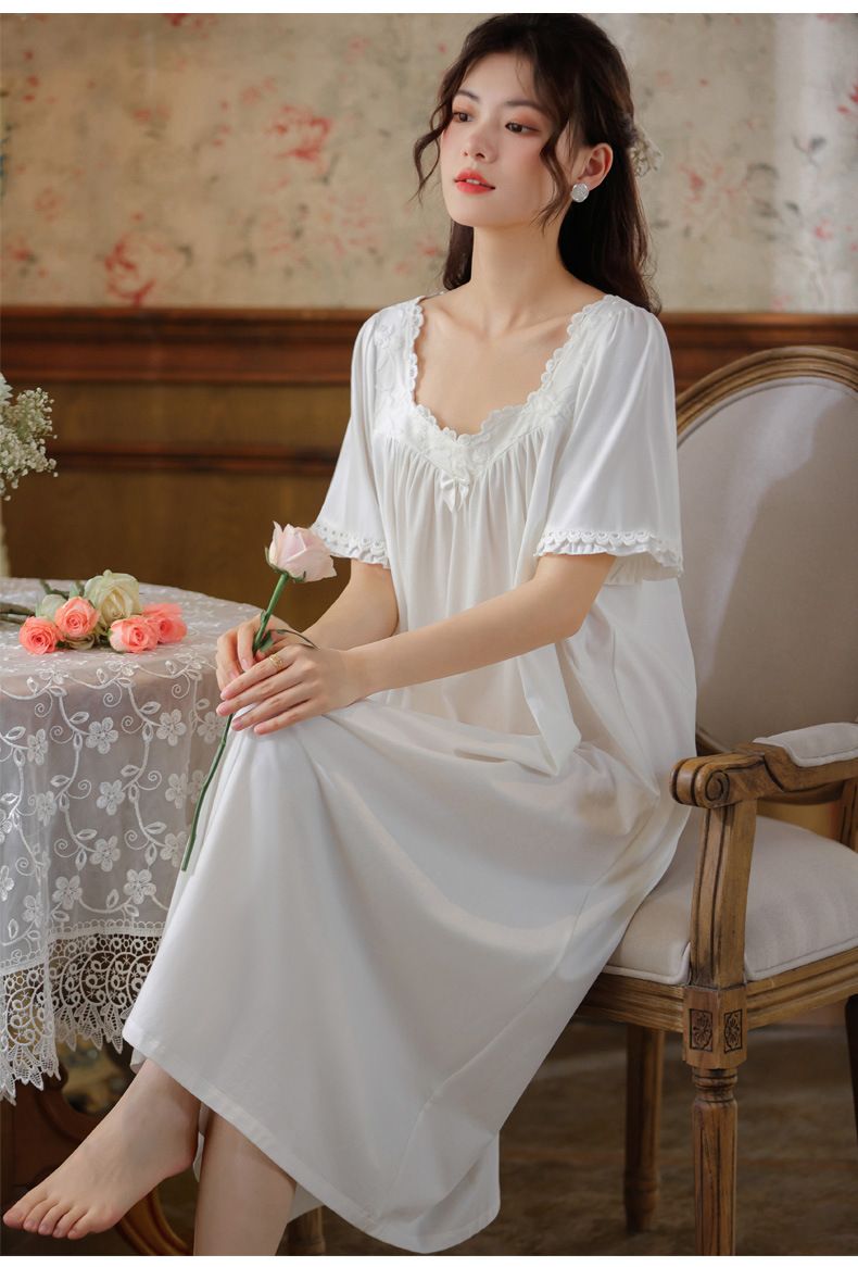 Camicia da notte a maniche corte da donna, estiva, in cotone, stile palazzo, elegante, in pizzo, da principessa, ampia, morbida, capispalla, abbigliamento per la casa_voghion.com