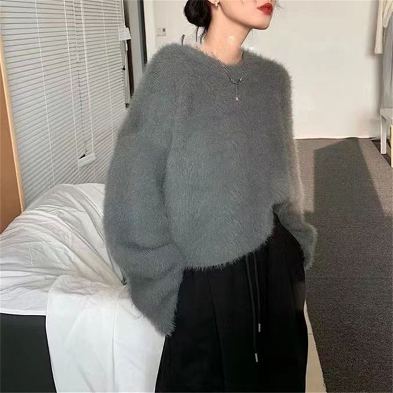 Pull oversize en tricot imitation vison pour femme – Pull doux et confortable à manches longues, tunique décontractée vintage ample_voghion.com