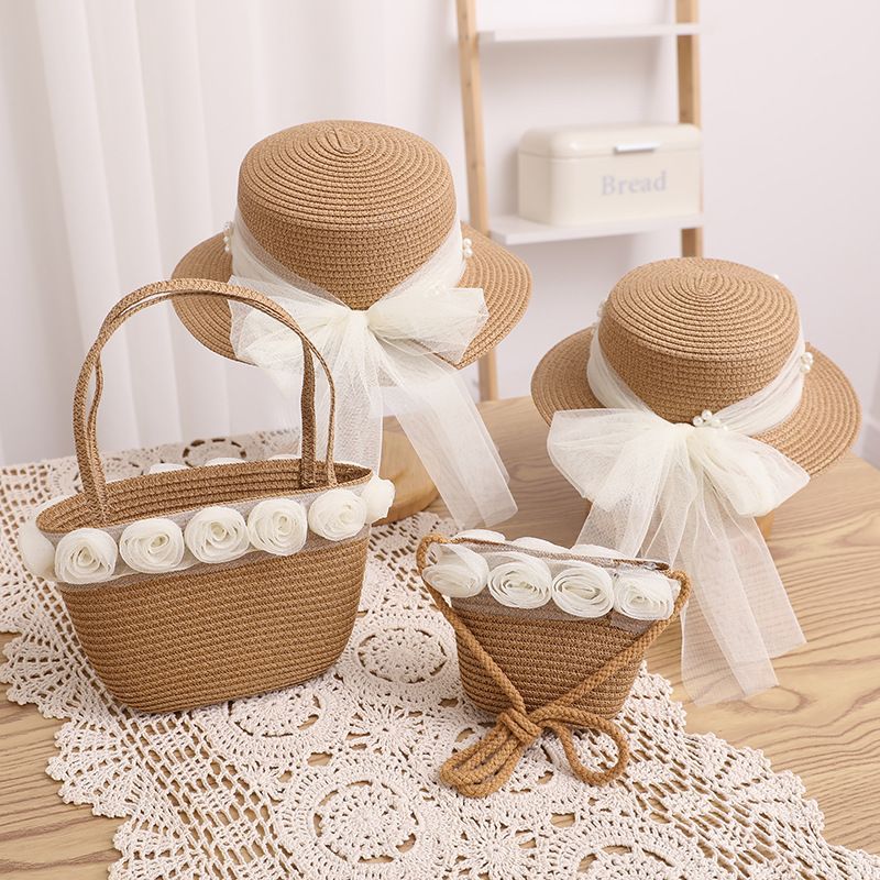 Kleine frische Kinderspitze Perlenband Strohtasche Sommer Neues Produkt Unsterblicher Qi Eltern-Kind-Sonnenschirm Big Eaf Flat_voghion.com