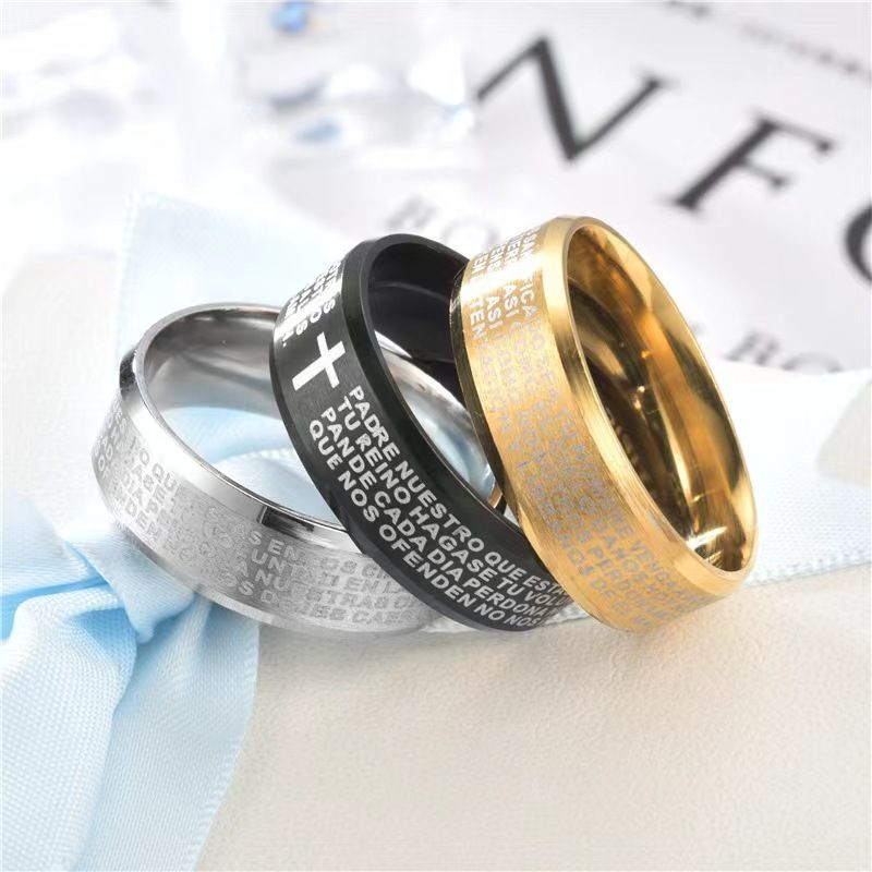 Anello a croce con preghiera del Signore da 8 mm in vendita, in acciaio inossidabile e argento, per uomo, fede nuziale, anelli della Bibbia, lucidati | Fede cristiana di Gesù e preghiera_voghion.com