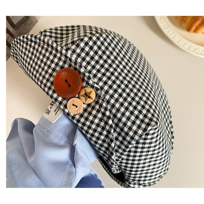 Handmade Button Checkered Women's Hat Checkered Beret_voghion.com