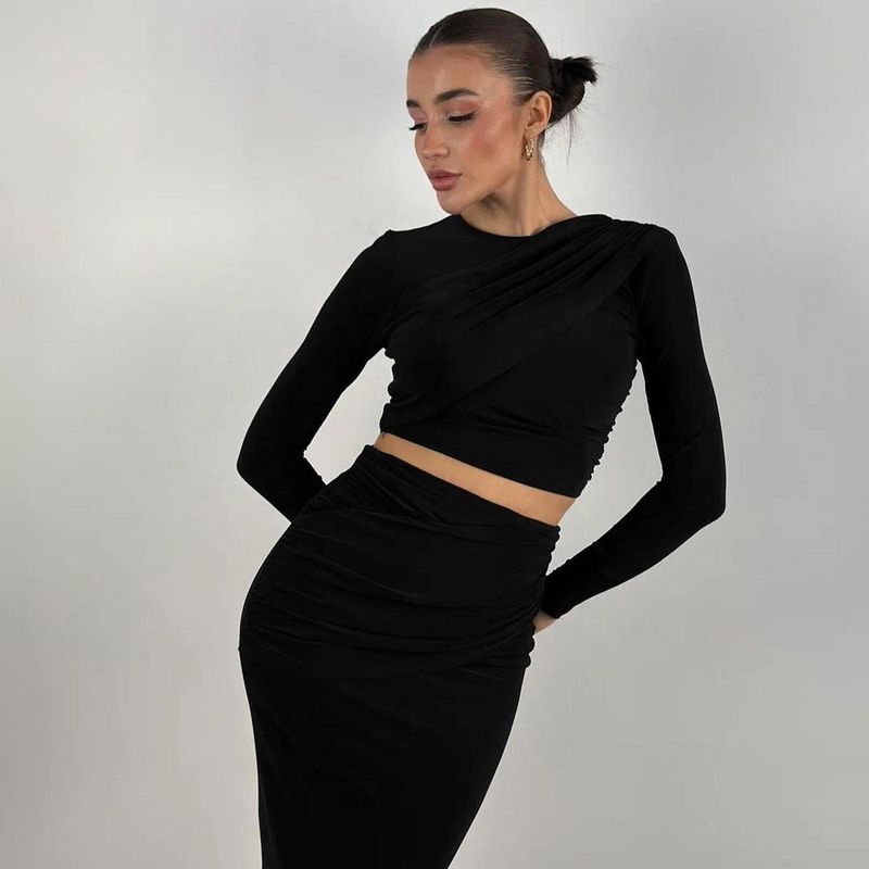2024 Autunno Inverno Nuova Moda Donna Girocollo Manica Lunga Crop Top Slim Fit Gonna Set Due Pezzi_voghion.com