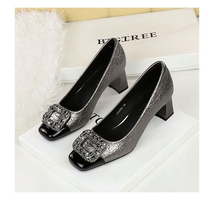 5299-K83 Fashion Party Coarse Women's Color Blocked Square Head Light Mouth Shining Metal Buckle High Heel Single Shoes_voghion.com