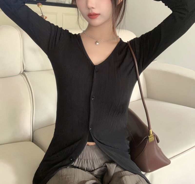 Tanek ledeno svilen kardigan za sončenje za ženske poleti 2024, z novim temperamentom V-izreza, nišnega slim kroja,_voghion.com