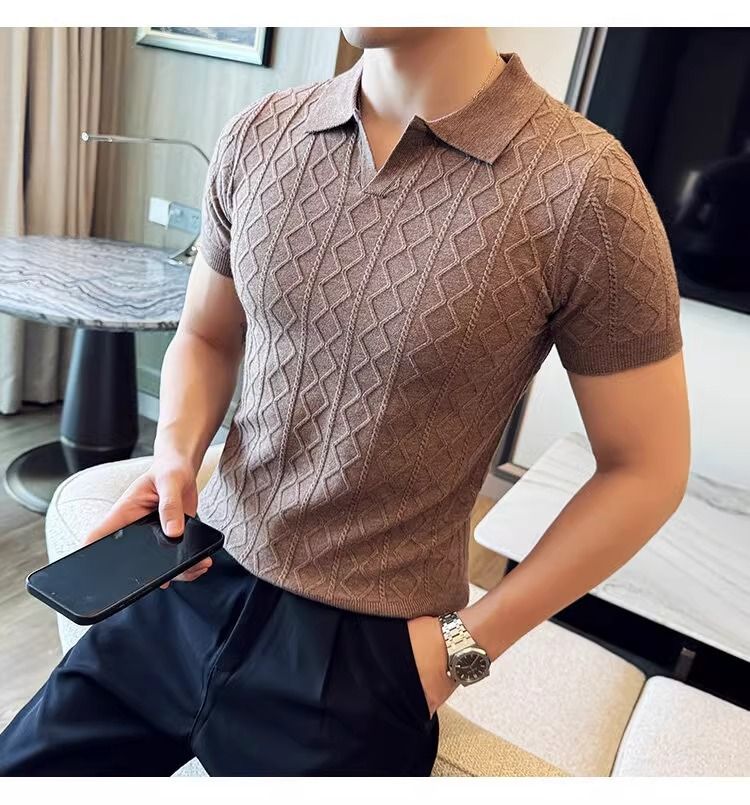 HerrenbekleidungKurzarmpullover Strukturiertes Poloshirt für Herren Revers V-Ausschnitt Slim Fit Business-T-Shirt_voghion.com