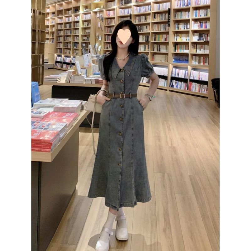 Hong Kong Style Design Denim Short Sleeved Dress For Women In The Summer Of , Thin High Waisted Letter Skirt, Medium_voghion.com