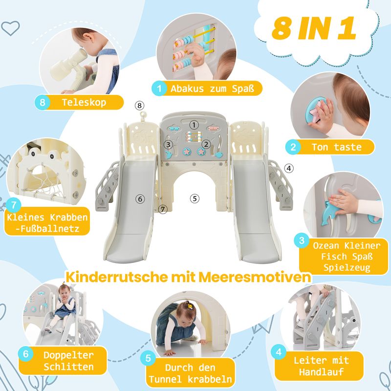 Kinderspielplatz-Set 8-in-1 con Rutsche, Bogentunnel, Basketballkorb e Teleskop_voghion.com