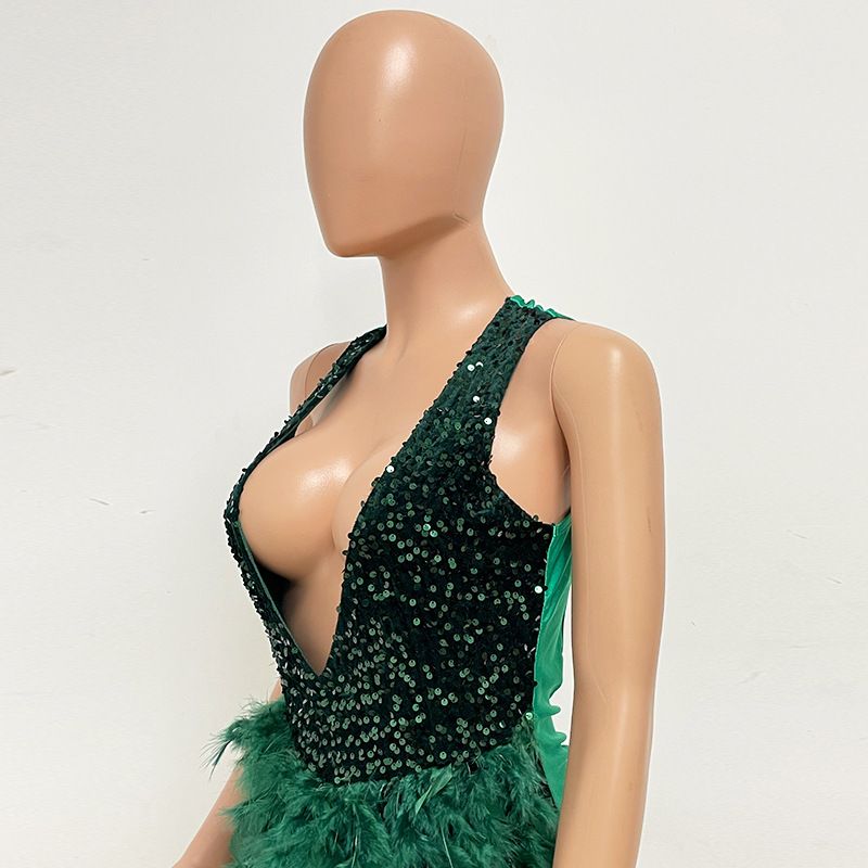 Women's High-end Light Luxury Sleeveless Hip Hugging Skirt Pure Desire Wind Deep V Backless Feather Dress For Women_voghion.com