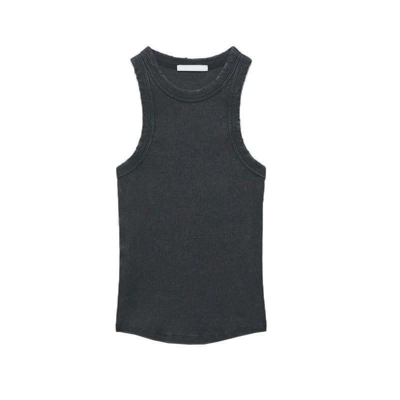 TAOP&ZA - Camiseta básica de primavera para mujer, estilo americano, con espalda nadadora y ribete de canalé lavado 3253301_voghion.com