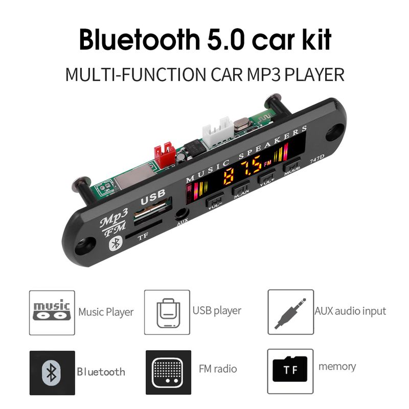 Kit Bluetooth 5.0 6V-24V Placa decodificadora MP3 sem fio WMA Módulo reprodutor de música automotivo Áudio sem perdas USB AUX TF Rádio_voghion.com