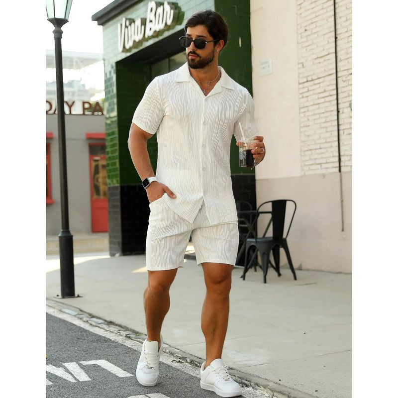 Ensemble chemise et short à manches courtes pour homme, décontracté, respirant, couleur unie, motif vague_voghion.com