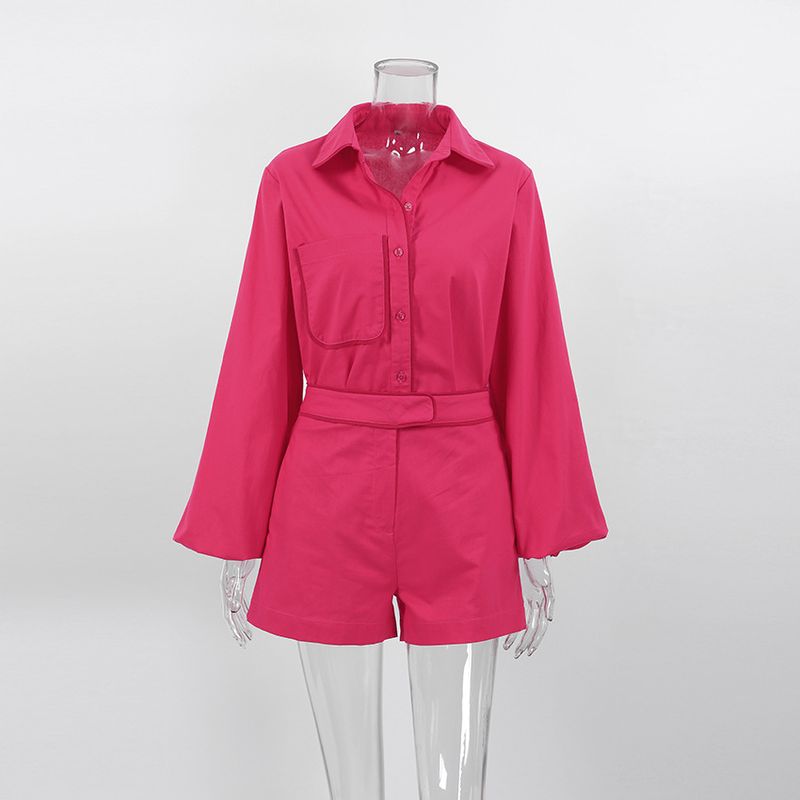 Completo da donna a maniche lunghe in cotone e lino da pendolare per donna, set casual con camicia rosa e pantaloncini in due pezzi_voghion.com