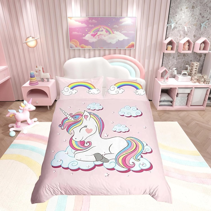 Einhorn-Bettwäsche, Fantasie-Einhorn-Bettwäsche-Set für Kinder und Mädchen, magische Tier-Bettbezug, Fee-Cartoon-Bettwäsche_voghion.com