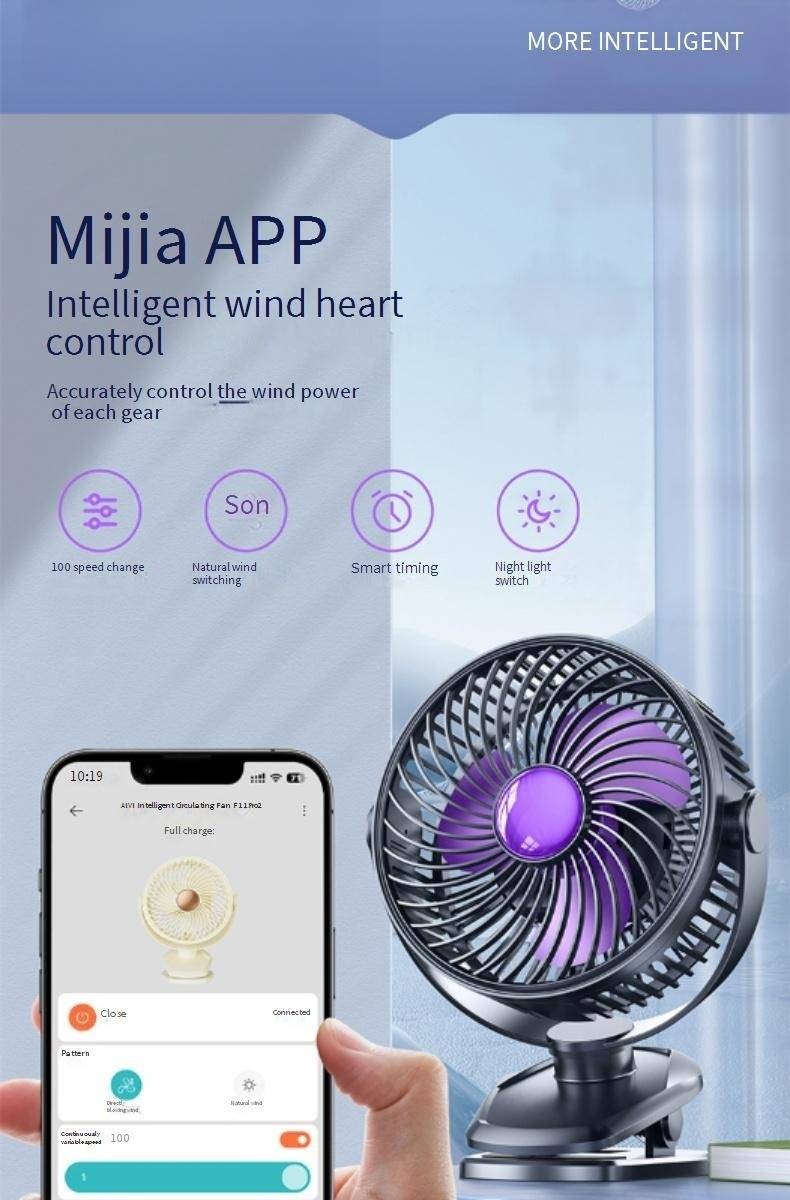 Der kleine Ventilator für den Heimgebrauch ist geräuschlos und kann auf dem Schreibtisch im Büro oder im Wohnheim aufgeladen werden. Er wurde mit der Mijia-App verbunden._voghion.com