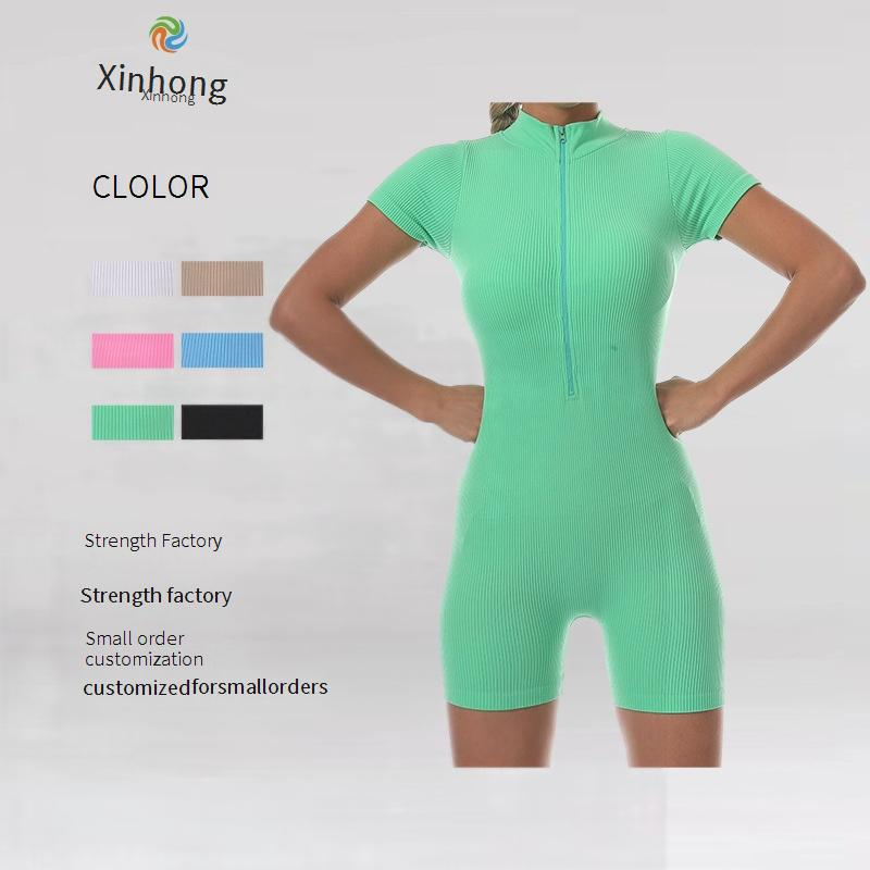 Vêtements pour femmes, combinaison de yoga à manches courtes et fermeture éclair, combinaison extensible, combinaison de sport moulante filetée pour femmes, vêtements d'extérieur_voghion.com