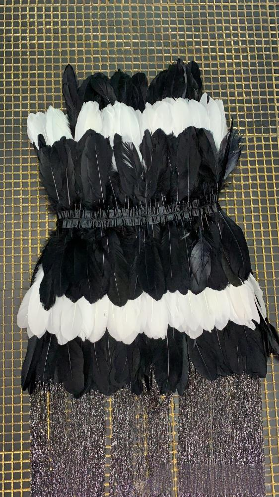 Elegantes schwarz-weißes Minikleid mit Federfransen für Damen – Sexy Partykleid mit langen Ärmeln und Korsett-Oberteil_voghion.com
