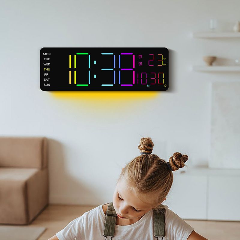Orologio da parete a LED RGB con visualizzazione della temperatura, calendario e luce notturna, moderna sveglia digitale per soggiorno, camera da letto, ufficio_voghion.com