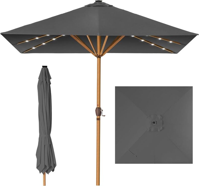 9ft Deep Square Solar Powered LED Lighted Patio Umbrella W/Faux Wood Texture, UV-Resistant Fabric, Hand Crank_voghion.com