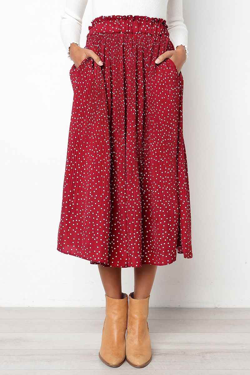 Heißer verkauf Weiß Dots Floral Print Plissee Midi Rock Frauen Elastische Hohe Taille Seite Taschen Röcke Sommer Elegante Weibliche Unten_voghion.com