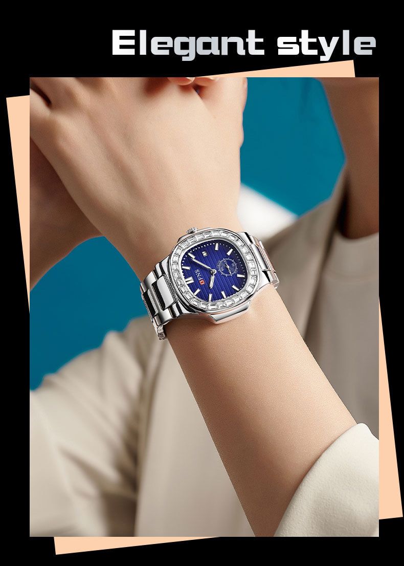 Elegant vierkant dameshorloge met kristallen, datumweergave, lichtgevende wijzers en roestvrijstalen band. Dameshorloge met quartzhorloge en kalender._voghion.com