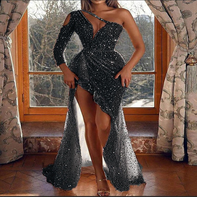 cross border women's dreamy socialite party party quality sexy high slit long sleeved sequined banquet evening dress_voghion.com