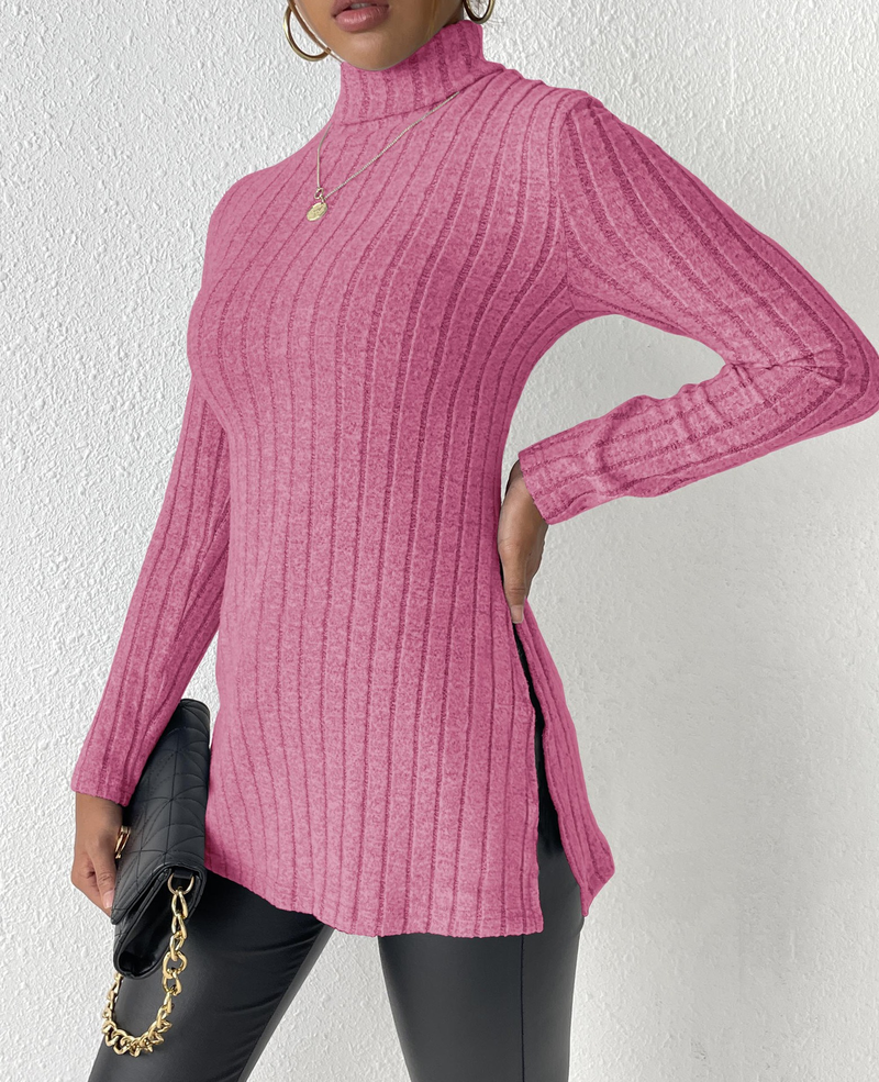 Women's turtleneck pullover slit slim-fit base pit striped medium length_voghion.com