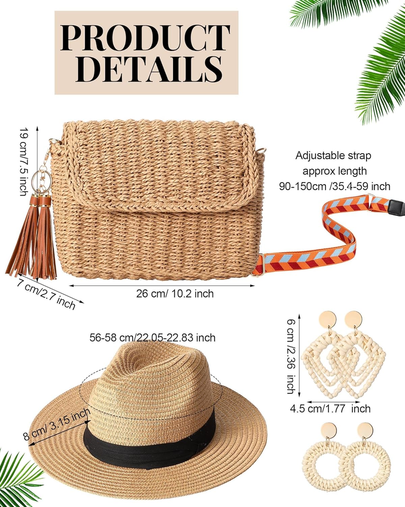 5 stuks stro strandtas en brede rand stro zonnehoed met rotan boho oorbellen zonnebril set zomer schoudertas strand inpakbaar reizen voor dames_voghion.com