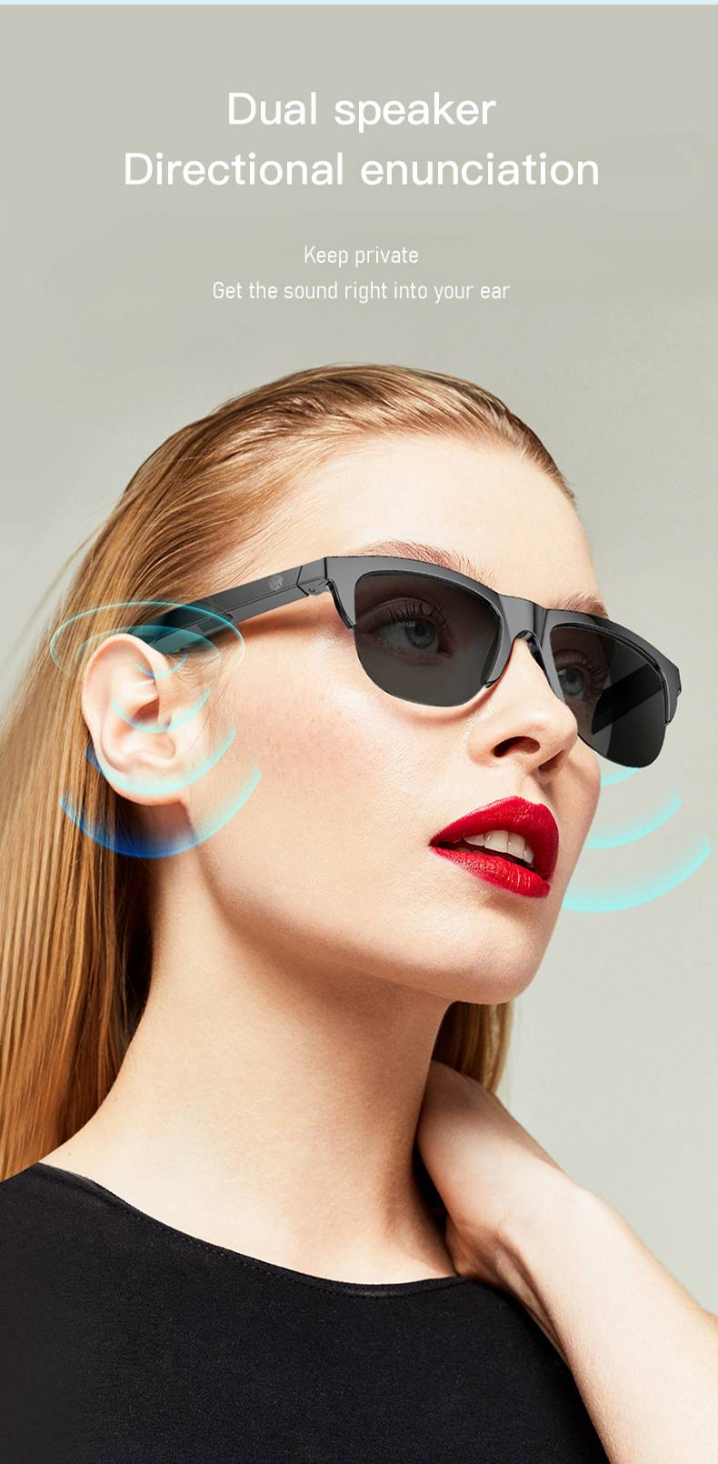 Óculos de sol Bluetooth sem fio inteligentes Fone de ouvido, controle de voz e microfone e alto-falantes Touch, óculos de sol UV para homens e mulheres_voghion.com