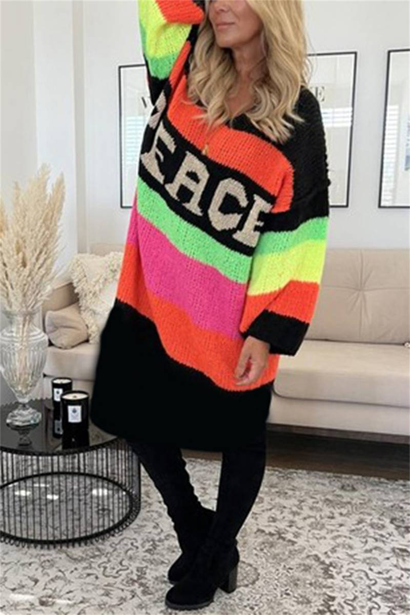Vêtements pour femmes Printemps et automne Pull en tricot ample à rayures arc-en-ciel à col en V pour femmes 3 couleurs_voghion.com
