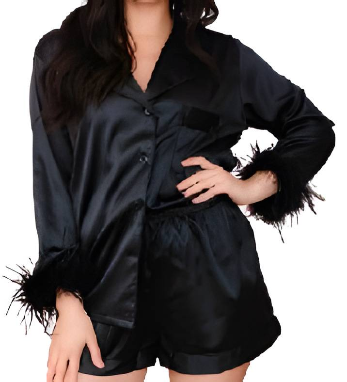 Underwear Summer And Autumn New Satin Ice Silk Outerwear Feather Sleeve Two Piece Set Women's Fur Pajamas Fashion Home_voghion.com