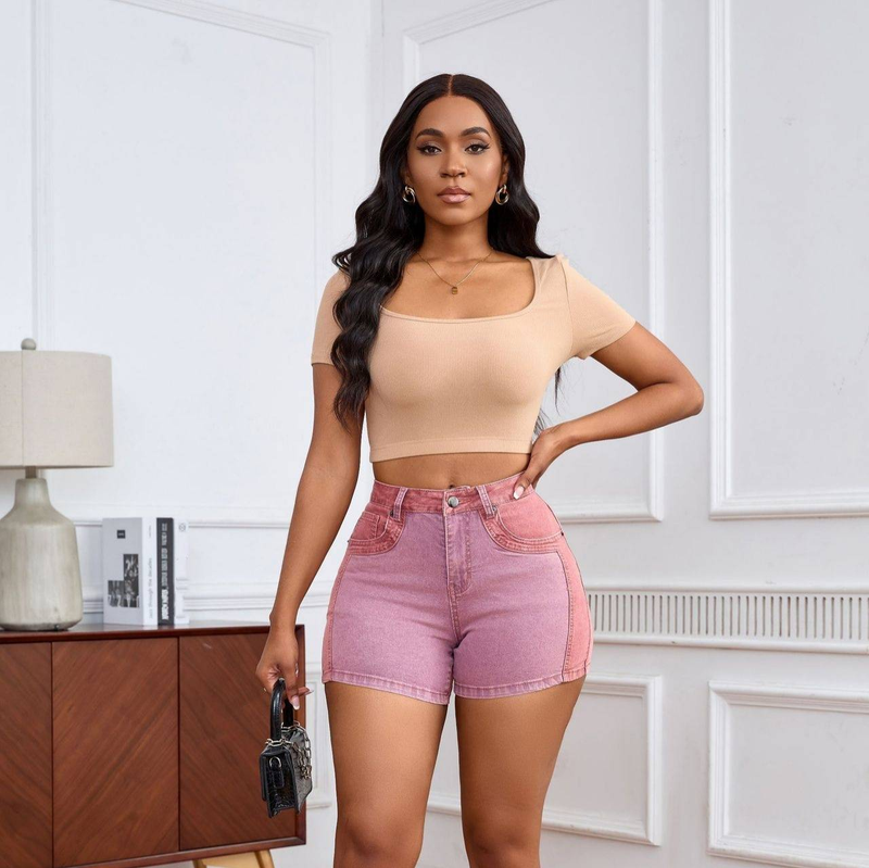 Short en jean élastique à coutures délavées pour femme_voghion.com
