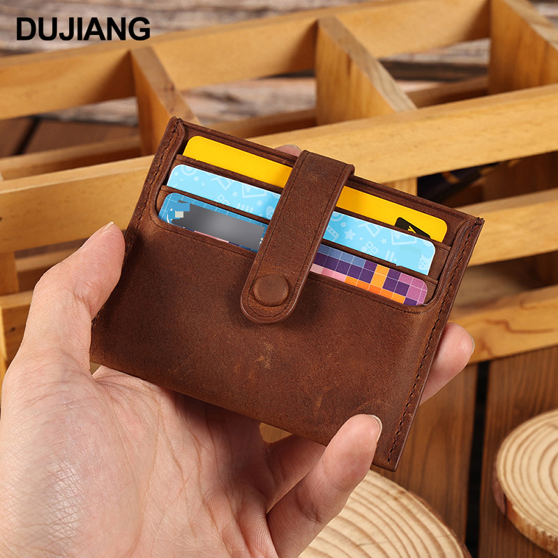 Tarjetero de piel auténtica para hombre, capa superior de piel de vaca, ranuras para múltiples tarjetas, hebilla oculta, tarjetero retro unisex._voghion.com