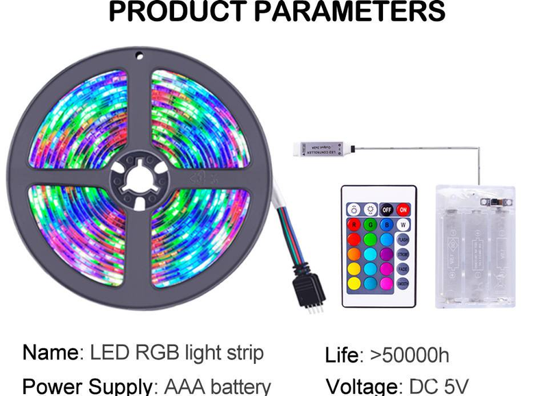 Tira de luces LED RGB 2835 de 5 V con control remoto de 24 teclas y compartimento para pilas. Iluminación de fondo impermeable para TV, ideal para decoración del hogar y fiestas._voghion.com